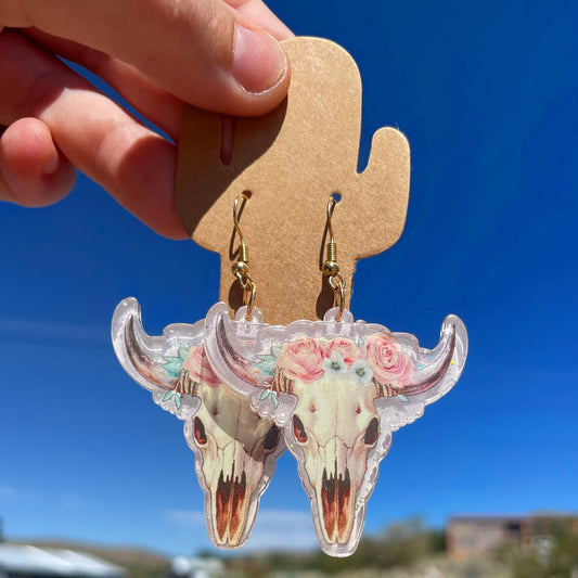 Floral Cow Skull Earrings